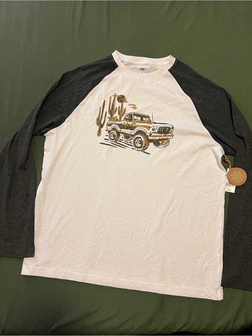 White and Charcoal Raglan Long-Sleeve Truck Graphic Shirt Men’s L